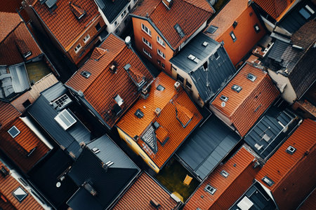 A stunning aerial view reveals a patchwork of rooftops in an urban landscape, showcasing a mix of red, gray, and black tiles. Vivid colors and unique shapes blend harmoniously.の素材