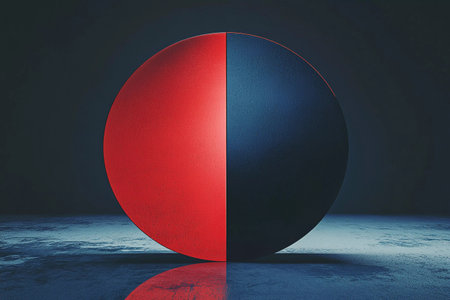 A stunning circular form is split into two equal halves, one vibrant red and the other deep blue. This striking contrast captures attention in a dimly lit environment, evoking mystery.の素材