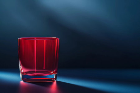 Amidst shadows, a vibrant red glass stands proud against a dark blue backdrop, showcasing its crystal-like edges that catch the light. The scene evokes elegance and tranquility.の素材