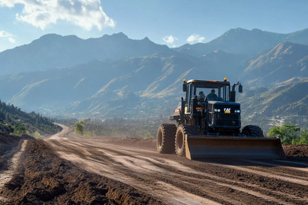 A heavy grader operates skillfully, shaping a new dirt road against a backdrop of majestic mountains as the early morning sun casts a warm glow over the landscape, filling the air with dust.の素材
