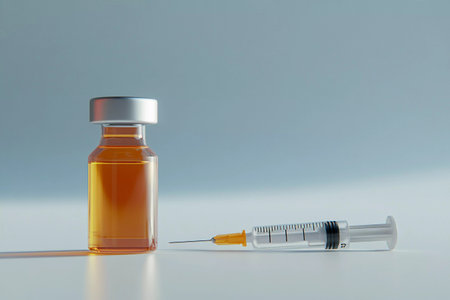 A clear vial filled with amber liquid sits next to a sterile disposable syringe in a well-lit, minimalist setting. The arrangement emphasizes precision and care in medication preparation.の素材