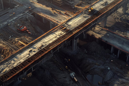 Heavy machinery maneuvers through a busy construction site as workers collaborate to build a bridge. Below, the groundwork is visible, showcasing the complexity of urban development.の素材