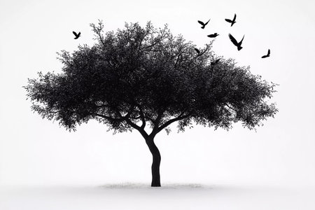 A striking black tree stands alone on a white landscape as birds take flight from its branches. The tranquil moment captures the essence of solitude and freedom at dawn.の素材