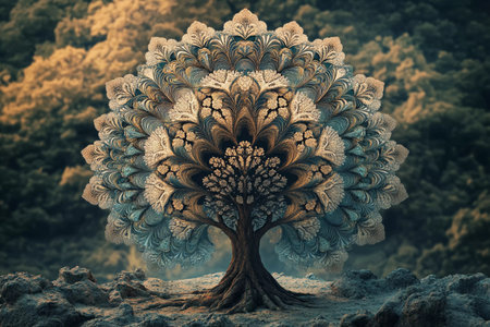 Intricate and artistic tree-shaped mandala emerges from a serene landscape, showcasing delicate patterns and textures.の素材