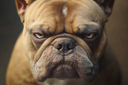 This bulldog stands with a frown, its furrowed brow giving off an air of wisdom. The setting is a cozy indoor space, illuminated softly, enhancing the dogの素材