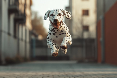 A lively Dalmatian erupts with energy, leaping high into the air with a joyful expression. The setting is an urban courtyard, capturing the essence of happiness and freedom as daylight fades.の素材