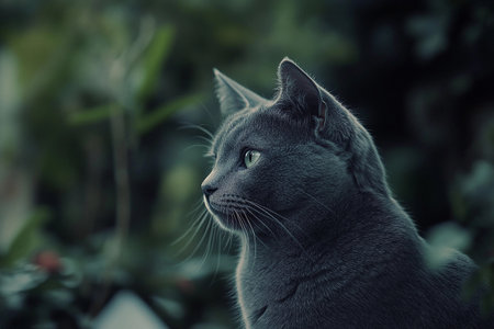 A gray cat sits thoughtfully in a lush garden, its emerald eyes gazing into the distance. Memories seem to dance in its mind as gentle shadows play around its fur, surrounded by soft greens.の素材