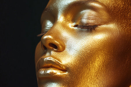 Bold metallic pigments envelop the skin, creating a mesmerizing luminous effect. The modelの素材
