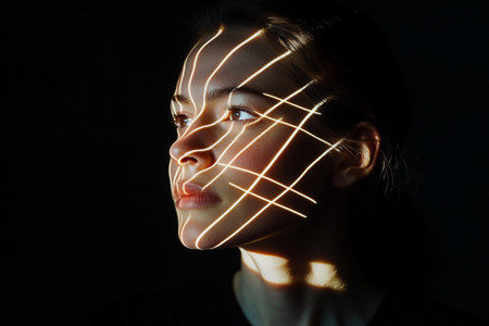 A serene moment captures a woman's face illuminated by soft lines of light, casting intricate patterns across her features. The interplay of light and shadow creates a mesmerizing effect.の素材
