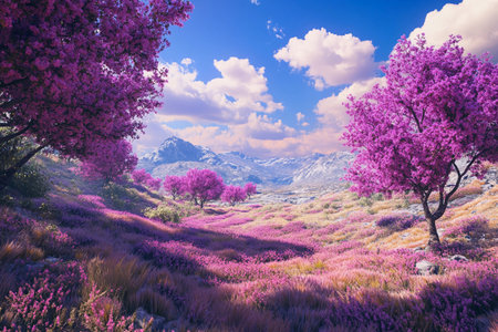 A stunning valley unfolds as vibrant pink blossoms create a natural carpet. Majestic mountains rise in the background, under a canvas of fluffy clouds accentuated by bright blue skies.の素材