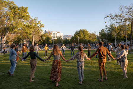 Joyful participants gather in a sunlit city park, forming a circle as they engage in a harmonious flashmob celebration. Laughter and music fill the air, creating a lively atmosphere.の素材