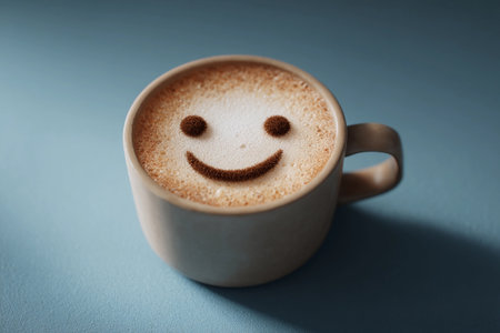 A cozy cup of latte adorned with cheerful smiley-face art sits on a soft blue surface, radiating warmth and happiness, perfect for starting the weekend with a joyful vibe.の素材