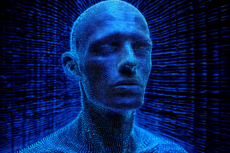 A figure stands still, surrounded by pulsating digital lines that radiate in vibrant shades of blue. This captivating artwork evokes a sense of introspection and connection to technology.の素材