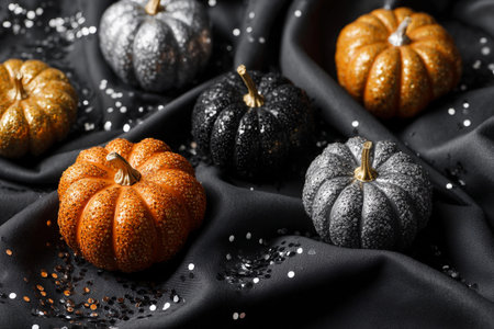 Small glossy pumpkins in vibrant orange, silver, and black rest elegantly on a deep black fabric.の素材