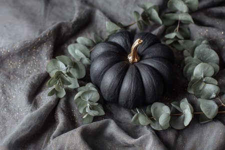 A stunning black matte pumpkin rests gracefully on a textured, soft fabric. Surrounding it, delicate eucalyptus leaves add a touch of nature.の素材
