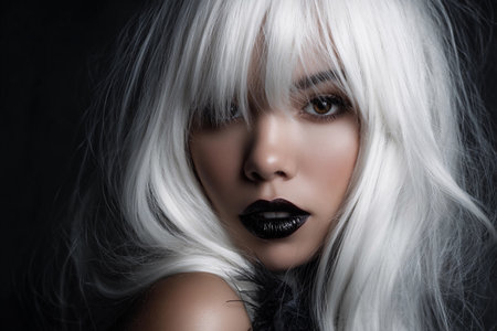 A captivating modern witch exudes charm with her flowing white hair and bold dark lipstick. Surrounded by shadows, she embodies an enchanting aura, perfect for a mystical evening.の素材