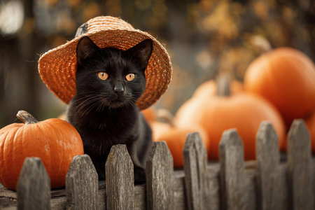 Under a warm autumn sun, a playful black cat sporting a festive Halloween hat sits gracefully among vibrant pumpkins, creating a whimsical fall atmosphere filled with joy.の素材