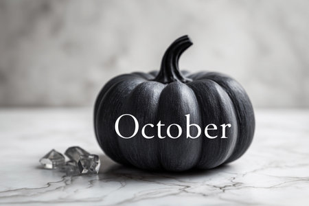 A striking black pumpkin sits elegantly on a smooth white marble surface, exuding an air of mystery and charm.の素材