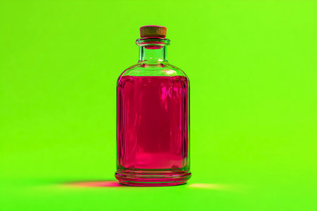 A glass bottle filled with a bright pink liquid stands prominently against a vivid green background, creating an eye-catching contrast.の素材