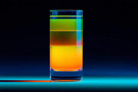 A colorful smoothie showcases stunning neon layers of orange, yellow, and green, creating a mesmerizing visual effect. This drink sits elegantly in a tall glass on a contrasting dark surface.の素材