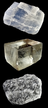 Close-ups of rocks and minerals on black  From top to bottom  Blue calcite, Iceland spar, Magnesiteの写真素材