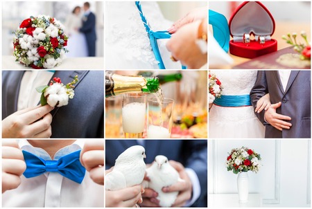 Collage of nine weddings photos. Wedding backgroundの写真素材