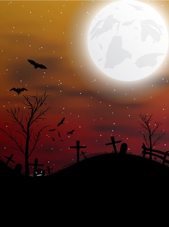 Halloween background with pumpkin, bats and big moon.のイラスト素材