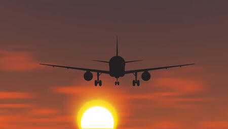 The plane is taking off at sunset. Vector illustrationのイラスト素材