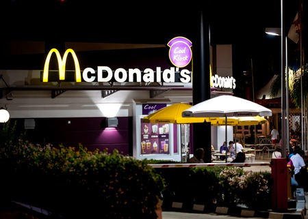 CYPRUS, PROTARAS - 15 SEPTEMBER 2015: Night view on McDonald's Restaurant in Protaras, Cyprusのeditorial素材