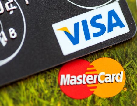 RUSSIAN FEDERATION, OREL - 08 FEB 2016: Two credit cards: Visa and Mastercardのeditorial素材