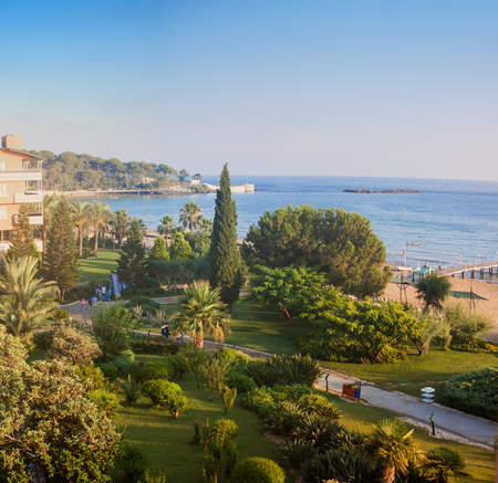 TURKEY, INJEKUM, ALANYA - 15 JULY 2017: Panorama of The beautiful beach near Pegasos Resort Hotelのeditorial素材