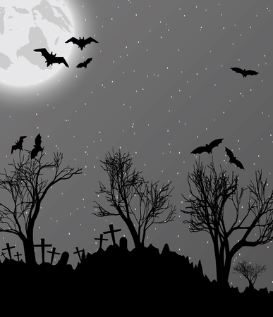Halloween background with cemetry, bats and moonのイラスト素材