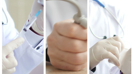 Collage of medical doctors analyzing and explaining some resultsの写真素材