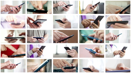 Collage of different people hands texting SMS on smartphonesの写真素材