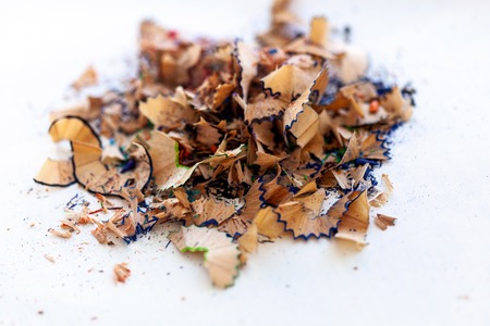 Pile of pencils shaving on white backgroundの写真素材