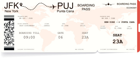 Airplane boarding pass. Red realistick paper ticket isolated on white background. Vector illustrationのイラスト素材