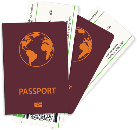 International passport and green boarding pass tickets isolated over white. Travel conceptのイラスト素材