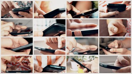 Close-up of young woman hands typing smsの写真素材