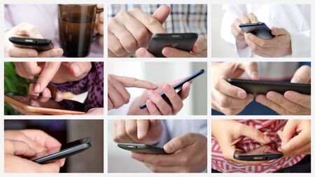 Collage of different people hands texting or typing on theirs smartphones.の写真素材