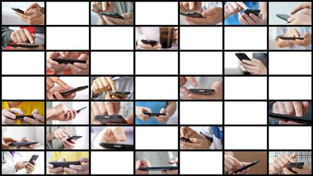 Close-up of hands holding smartphone and typing text on touch screenの写真素材