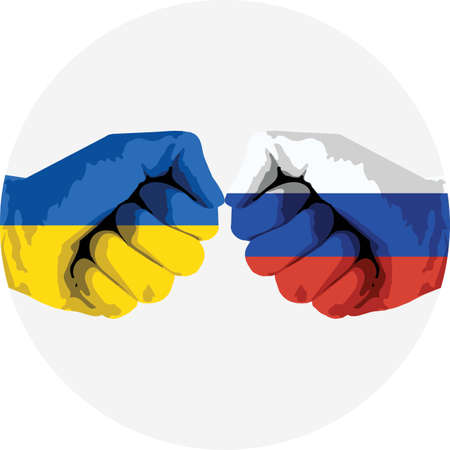 Fists with flags of Ukraine and Russia. Conflict between Russia and Ukraine.のイラスト素材