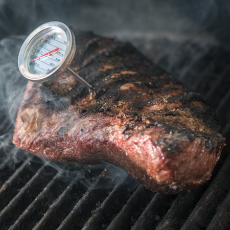 Isolated close up of a delicious beef Picanha meat loaf roasting on a hot grill with a temperature gaugeの写真素材