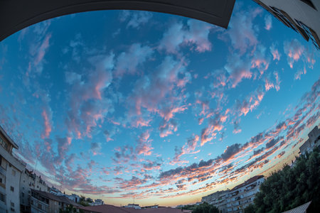 Fish-eye urban landscape image of a gorgeous autumn sunset in Israelの写真素材