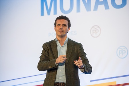 CACERES, SPAIN - DECEMBER 15, 2018: Pablo Casado, Spanish politician and leader of the People's Party present Jose Antonio Monago, former President of the Regional Extremadura Government as the official candidate for the same political office.のeditorial素材