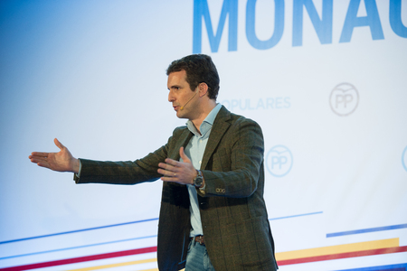 CACERES, SPAIN - DECEMBER 15, 2018: Pablo Casado, Spanish politician and leader of the People's Party present Jose Antonio Monago, former President of the Regional Extremadura Government as the official candidate for the same political office.のeditorial素材