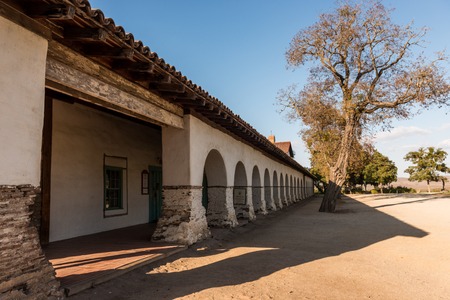 Portals of the Mission and Plaza Square in San Juan Bautista, California, USA.の写真素材