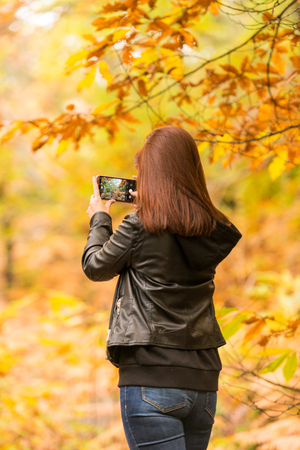 A young red-haired woman takes pictures with her mobile phone in a forestの写真素材
