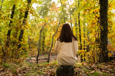 A young woman with reddish hair sitting on her back on a stone in an autumnal forestの写真素材