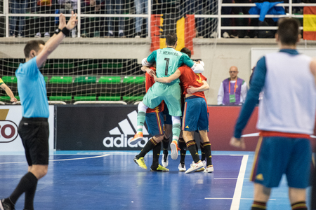 Indoor footsal match of national teams of Spain and Brazil at the Multiusos Pavilion of Caceresのeditorial素材