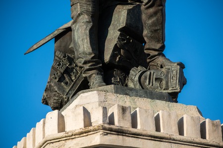 Base of the statue of the Spanish conquistador Hernan Cortes in which he rests his foot on the head of an Aztec idol.のeditorial素材